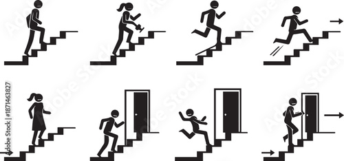 Business professional climbing career steps success ladder progression growth vector illustration flat design black white