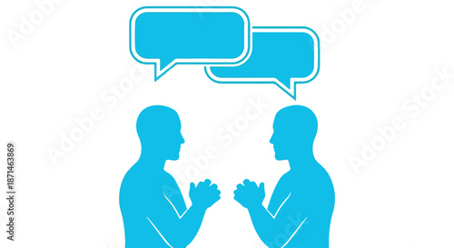 Two business professionals discussing ideas with speech bubbles in bright blue minimalist style for corporate communication