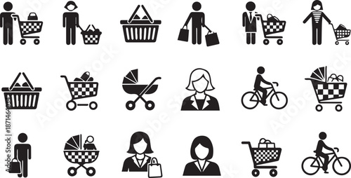 Diverse People Shopping and Transporting Goods with Bags, Trolleys, and Bicycles in Flat Icon Style Vector Illustration