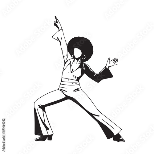 Stylized silhouette of a dancing person with an afro, wearing a two-tone outfit, in a dynamic studio pose.