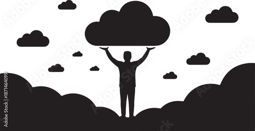 A person holding up a large cloud in a simple black silhouette