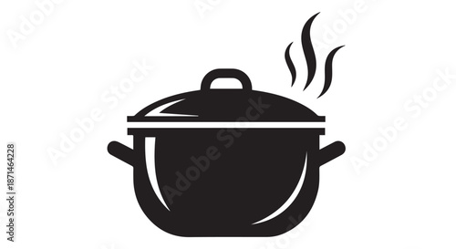 Black cooking pot with lid and steam isolated on Transparent Background for kitchen cooking and boiling concept