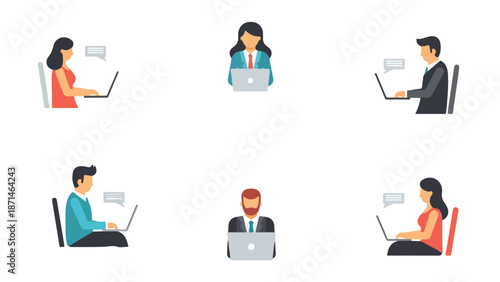 Flat illustration of six people working on laptops in various sitting positions against a plain white background.