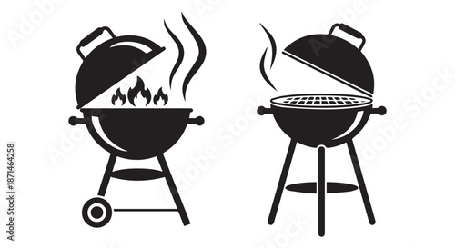 Black charcoal barbecue grill with flames and smoke isolated on Transparent Background, outdoor cooking concept illustration
