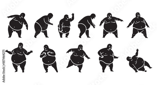 Sumo wrestler silhouette set in dynamic fighting poses, black and white minimalist art, sports action sequence illustration