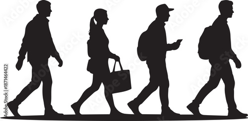Silhouettes of four people walking in a line