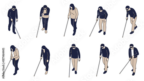 Top view person using white cane for accessible path and tactile paving design plans.