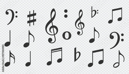 Collection of various black music symbols and notes on transparent background