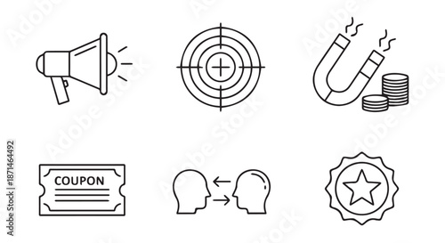 Hand Drawn Business and Finance Concept Icons Set with Whisk Coupon Target Profit and Idea Symbols
