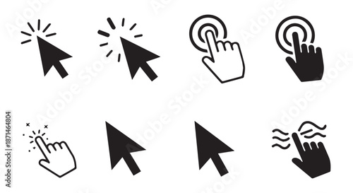 Hand cursor voting selection icons set with click feedback and direction arrows for user interface design and digital interaction