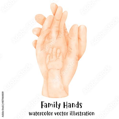 Watercolor vector of three layered hands symbolizing family unity and generational connection.
