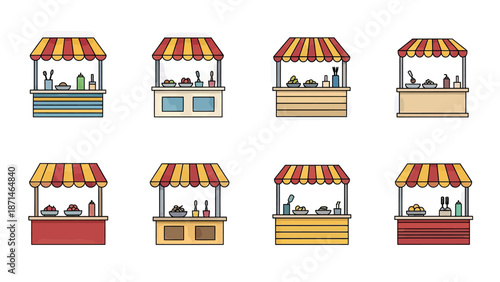 Vector food stalls with colorful awnings and displays
