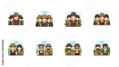 Group of Farmers Icon Set with Hats and Overalls in Rural Landscape