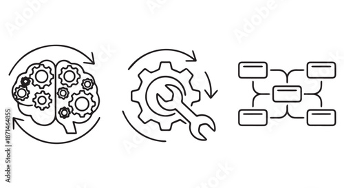 Creative brain and gear icons with organizational flowchart for innovation and problem solving concept