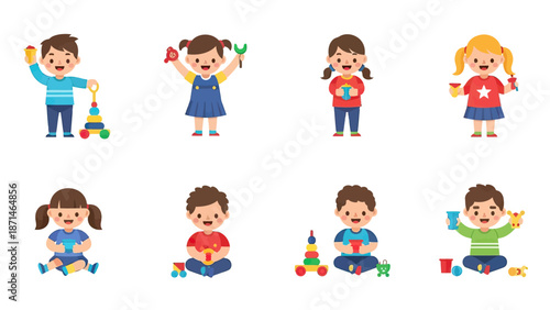 Children Playing with Colorful Building Blocks and Toys Set