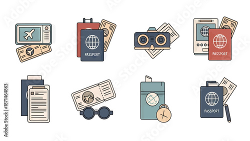 Travel and Vacation Icons: Passports, Tickets, Luggage, Camera