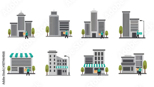 Modern City Buildings and Shops Collection Vector Art