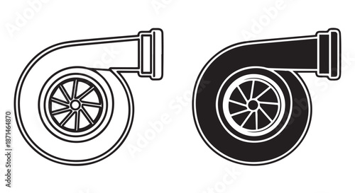Turbine turbocharger icons in black and white for industrial designs