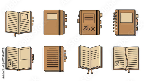 Collection of Brown Notebook and Journal Icons with Pages