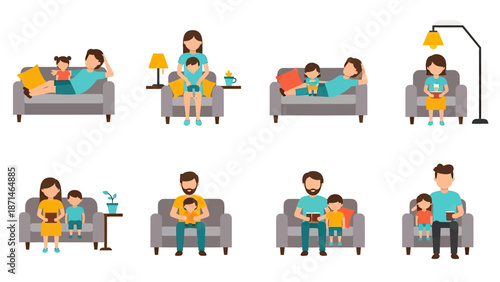 Family Reading Time on Sofa with Lamp and Pillow