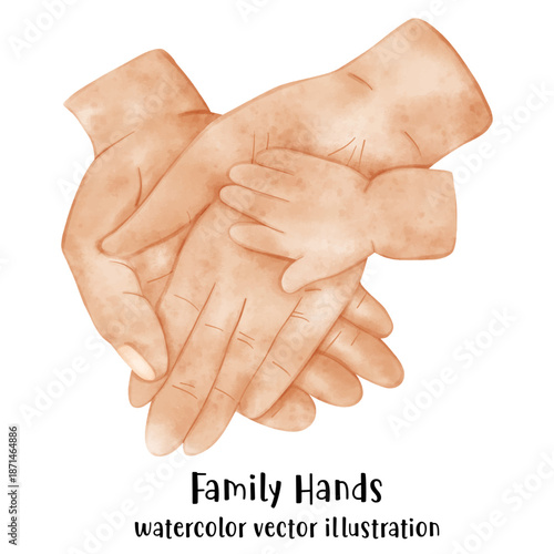 Watercolor vector of three layered hands symbolizing family unity, care, and generational support.