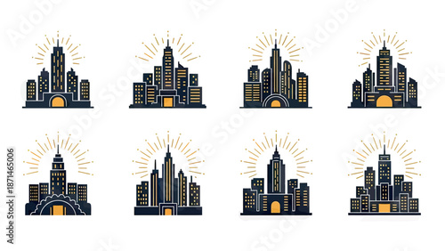 Art Deco Cityscape Icons with Sunburst Rays