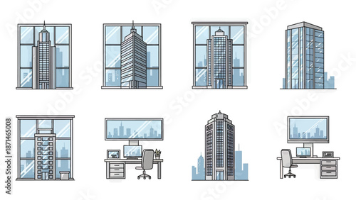 Modern City Buildings and Office Desks Vector Icon Set