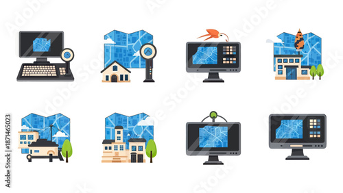 Computer monitor showing map with magnifying glass and buildings