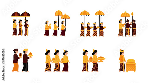 Balinese Cultural Procession with Traditional Attire and Offerings