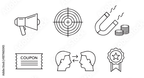 Set of hand drawn business and marketing icons including megaphone, target, growth chart, coupon, profiles, and badge for success and promotion