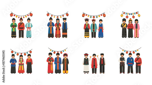 Diverse People in Traditional Asian Clothing with Festive Lanterns