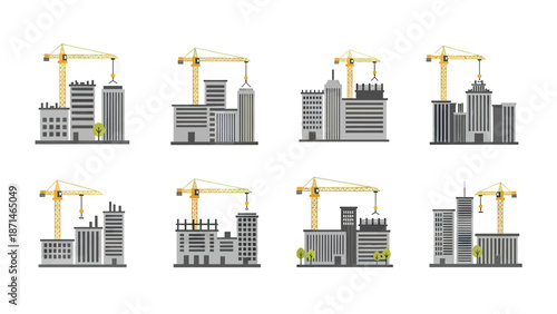 Modern Cityscape Construction Sites with Cranes and Buildings