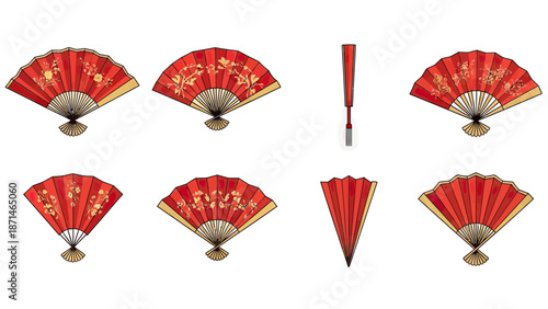 Decorative Red Folding Fans with Golden Floral Patterns