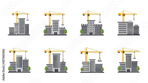 Construction Cranes Above Modern Office Buildings Vector Set