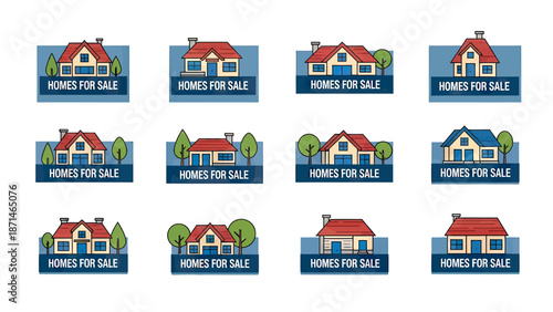 Collection of Diverse House For Sale Signs with Trees and Roofs
