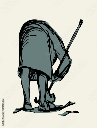 Vector drawing. A gardener weeding a garden