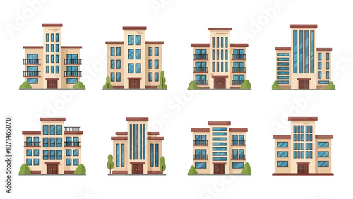 Collection of Modern Apartment Buildings with Balconies and Windows