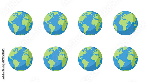 Set of eight stylized planet Earth globes in flat design