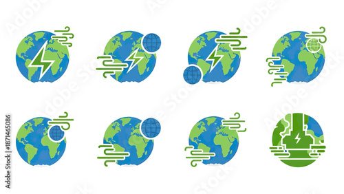 Planet Earth Icons Showing Wind, Lightning, and Energy Concepts