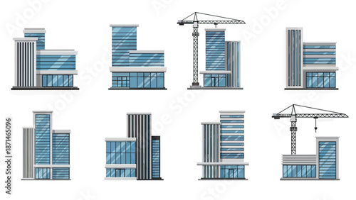 Modern Office Buildings and Construction Cranes Vector Set