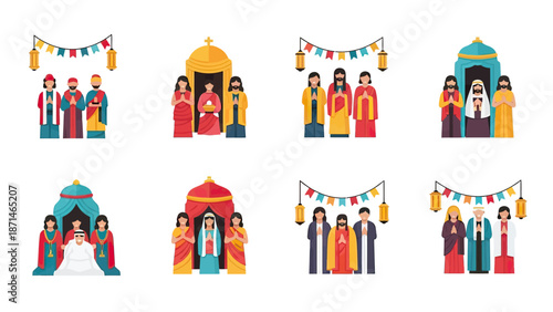 Diverse Religious Figures in Traditional Attire, Cultural Ceremony Icons