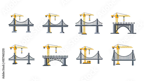 Collection of various bridge types with construction cranes and towers