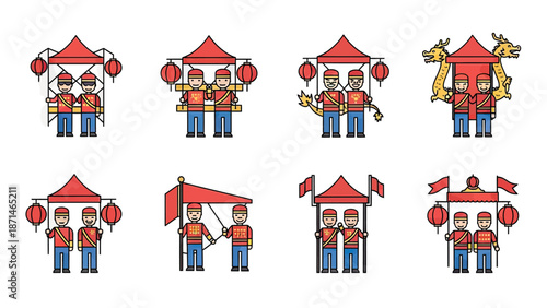 Traditional Chinese Wedding Procession Figures with Sedan Chairs and Lanterns