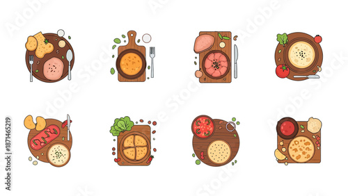 Assorted Food Plates with Ingredients and Utensils Vector Icons