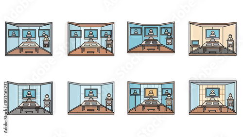 Modern Office Cubicle and Meeting Room Scenes Vector Set