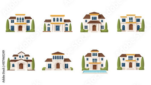 Collection of Mediterranean Style Houses with Trees and Pools