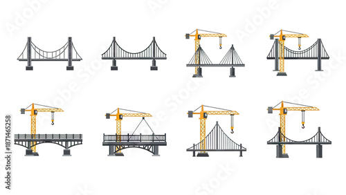 Various bridge types and construction cranes in vector art