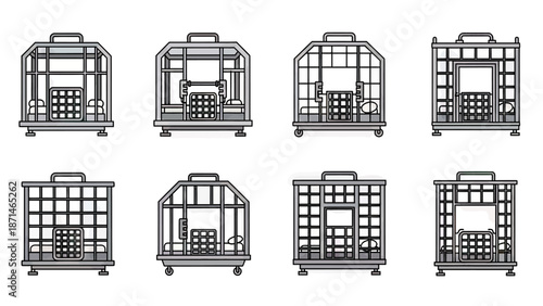 Collection of stylized pet cages and carriers with doors and handles
