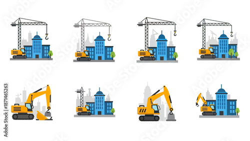 Construction Site Scene with Excavator and Building Under Development