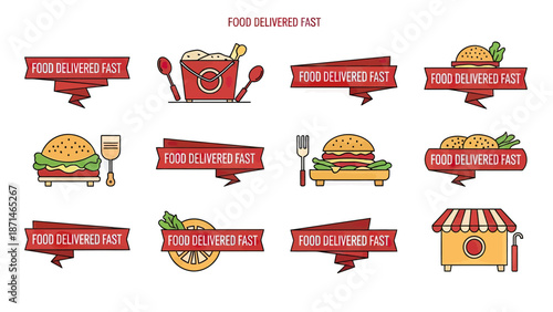 Fast Food Delivery Ribbons and Icons Set